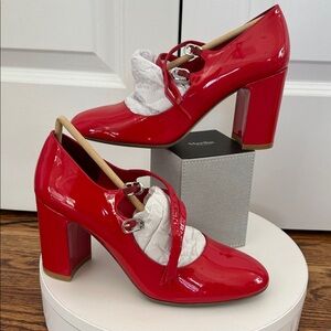 NWT Stuart Weitzman Mary Jane Posh 85 Patent Leather Cherry Red Heels Size 8.5